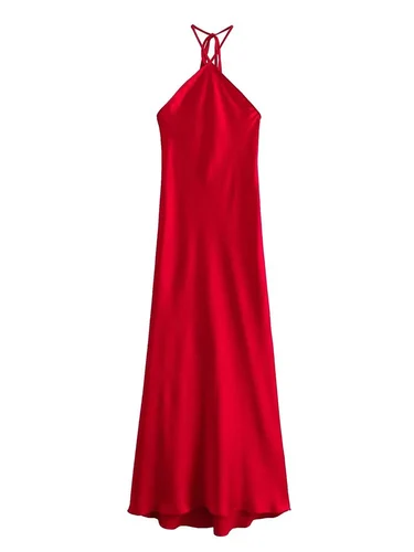 Imagen 2 del producto Vestidos largos con cuello Halter para mujer, vestido de satén con espalda descubierta y hombros descubiertos, vestidos por debajo de la rodilla sexys, vestido de fiesta de noche elegante 2024