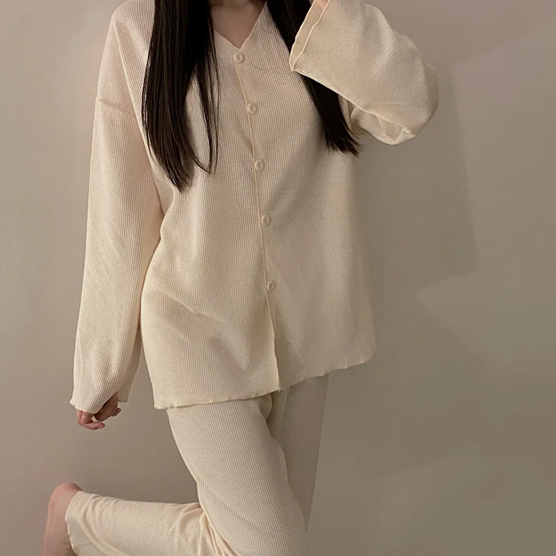 Simple Waffle Pajamas Sets For Women Casual Soft Female Home Sleepwear Cardigan Long Sleeve With Loose Pants 2Pcs Autumn Winter