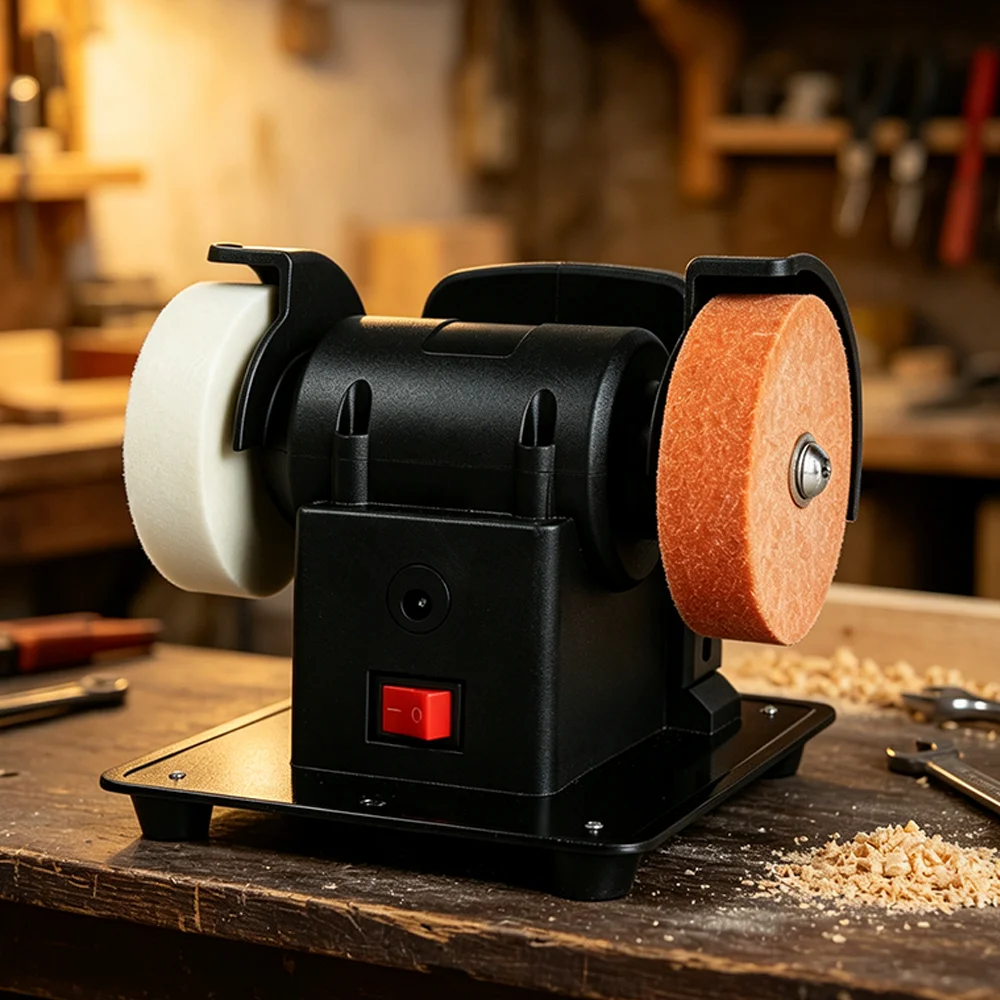 Lithium Bench Grinder, Dual Coarse and Fine Grinding 100/120 Mesh Wheels, Multifunctional Micro Sharpener for Polishing Grinding