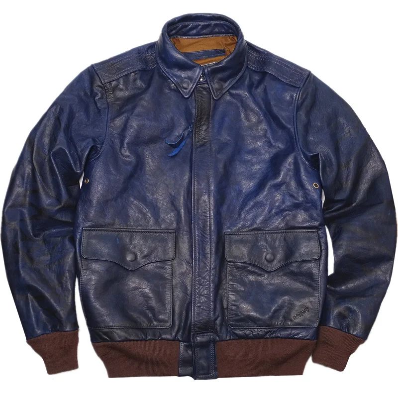 Spring Blue Military Style Men's A2 Jacket Plus Size 5XL 100Kg Can Wear Natural Horsehide Autumn Aviation Genuine Leather Coats