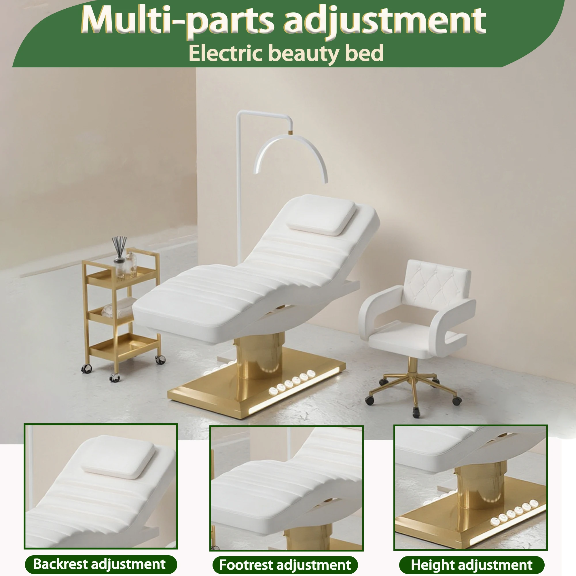 سرير الوجه الكهربائي الاحترافي الفاخر من الفولاذ المقاوم للصدأ باللون الذهبي 3 محركات سبا صالون سرير طاولة تدليك التجميل سرير التجميل