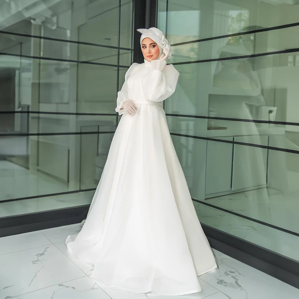 Holy Wedding Dresses for Bride High Neck Long Sleeve A Line Pleats Muslim Garden Beach Bridal Gowns robes de mariee Customized