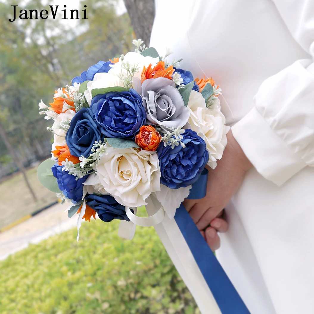 JaneVini-Bouquet de Mariage Artificiel Bleu Royal, Vintage, Décoration pour Mariée, Patients à l'Extérieur, Fleurs, Accessoires