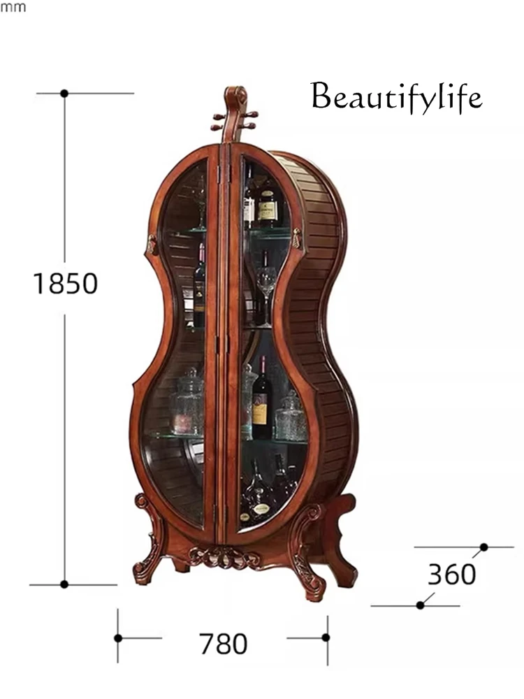 

Solid Wood Living Room Decoration Glass Furnishing Article Cello Carved Double Door Wine Cooler Light Luxury Wine Rack