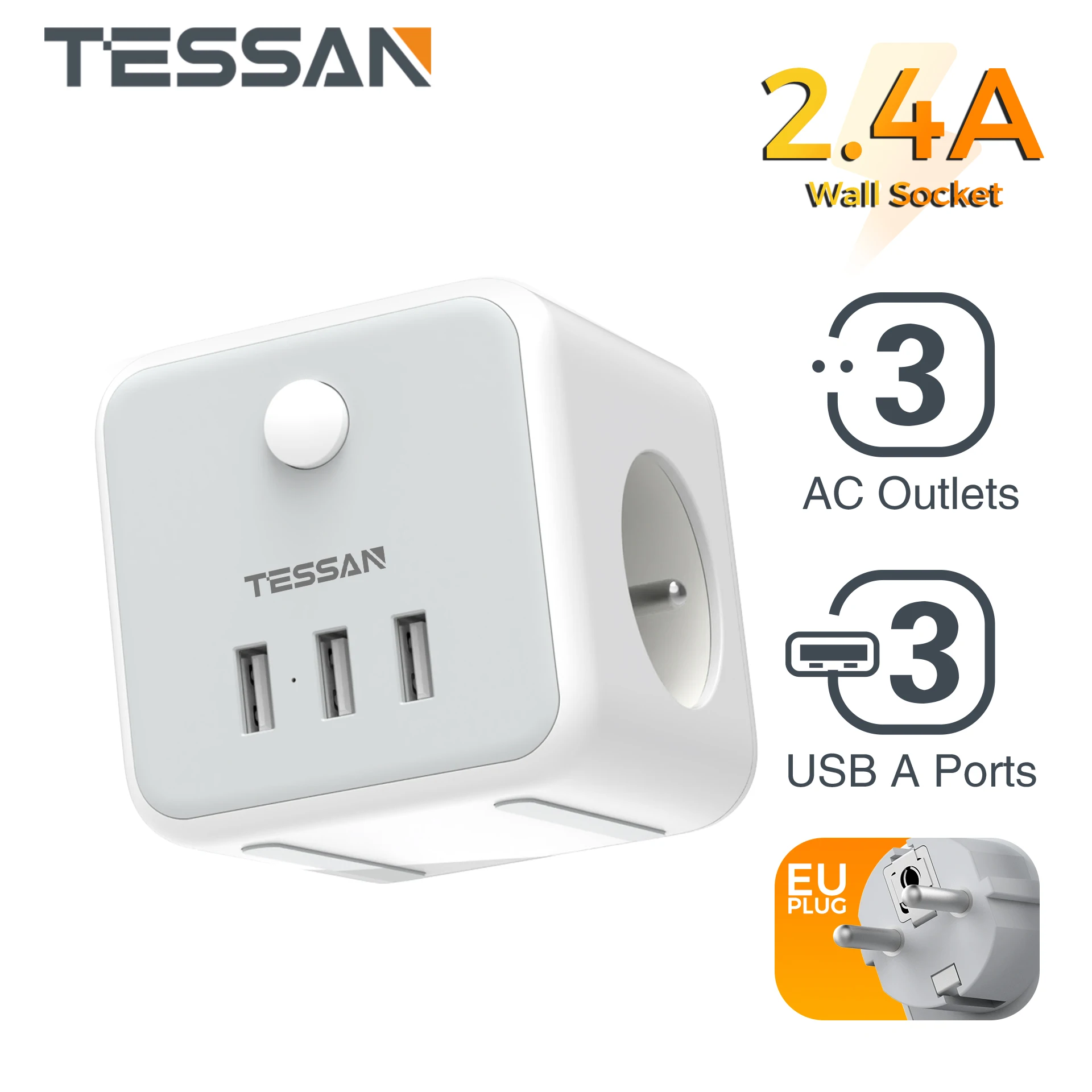TESSAN 2500W FR USB Wall Socket with 3 French Socket 3 USB A Square Travel Converter Plug with Switch Electrical Socket For Home