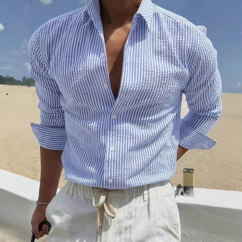 Mens Fashion Striped Shirt Cardigan Long Sleeve Turn Down Collar Breathable Casual Outwear Street Style Slim Fit Blouse