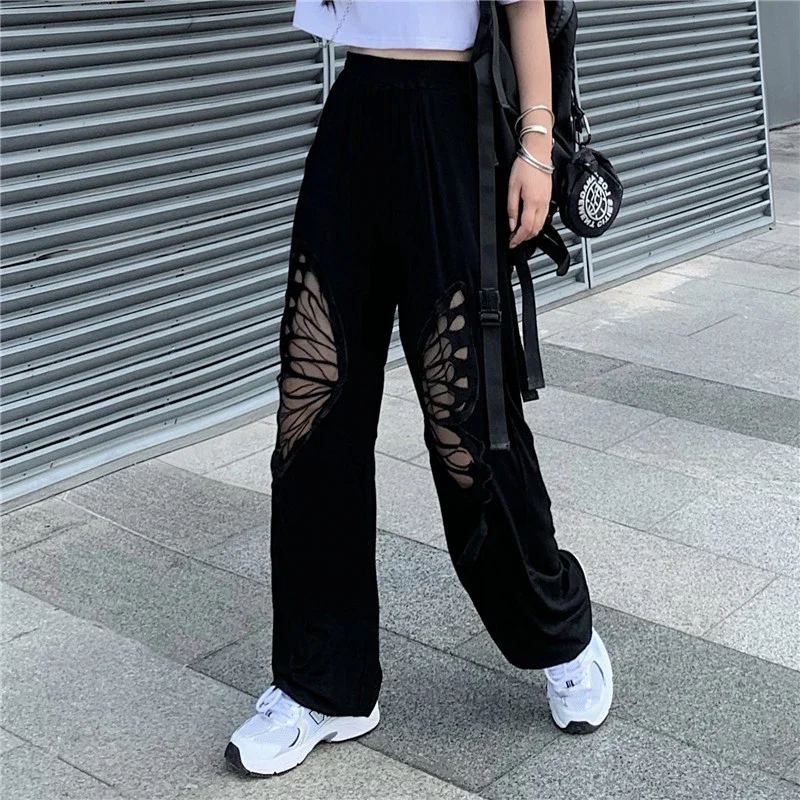 2024 Spring and Autumn High Elastic Waist Black Hollow Butterfly Print Long Harem Pants New Loose Casual Pants Women Fashion