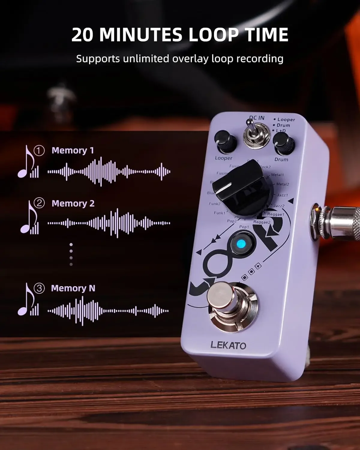 دواسات جيتار صغيرة من Lekato 2025 مع حلقة 20 دقيقة و16 أخاديد طبلة مختلفة و3 أوضاع ودواسة طبلة للجيتار الكهربائي