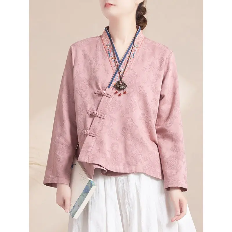 

Autumn chinese style traditional cotton linen vintage blouse tang suits vintage hanfu blouse kimono style women top