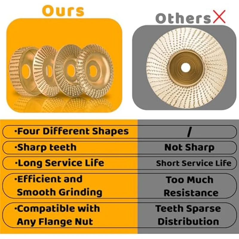 Zestaw tarcz do rzeźbienia w drewnie do szlifierki kątowej F-T 4 PCS, stal węglowa złota, do mocowania 4-calowego lub 4 1/2-calowego, do obróbki drewna
