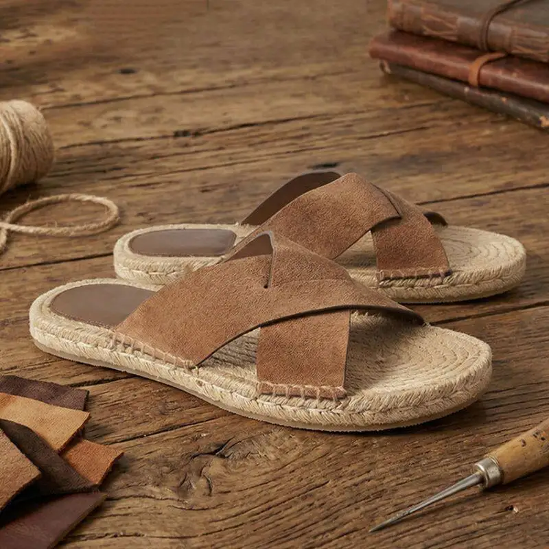 Men's Soft Leather Faux Suede Summer Vintage Slippers Outdoor Breathable Casual Sandals Woven Linen Rope Slip-On Beach Shoes