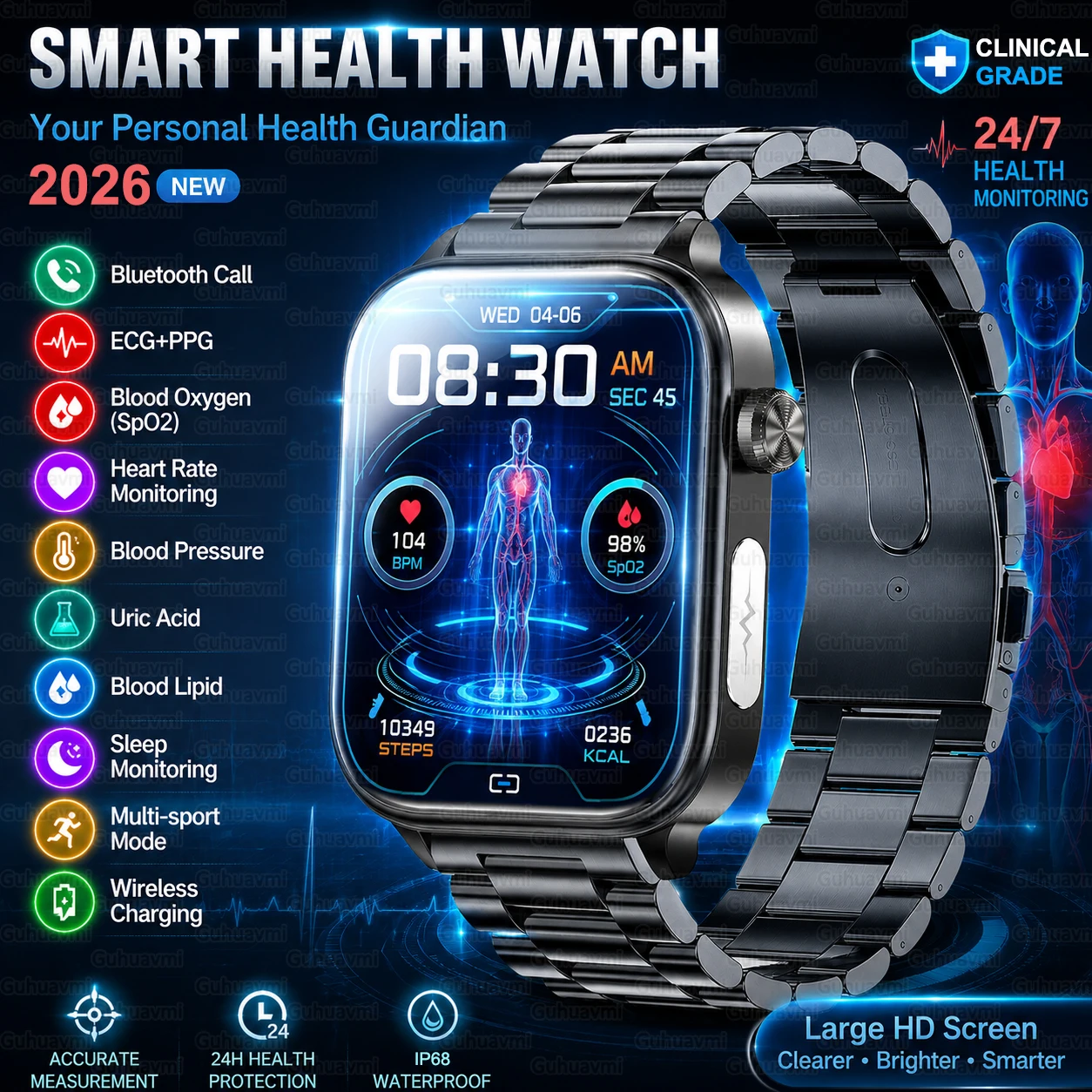 2026 New ECG+PPG Blood Fat Uric Acid Health Smartwatches Men Women Precise Heart Rate BP Body Temp HD Bluetooth Call Smart Watch