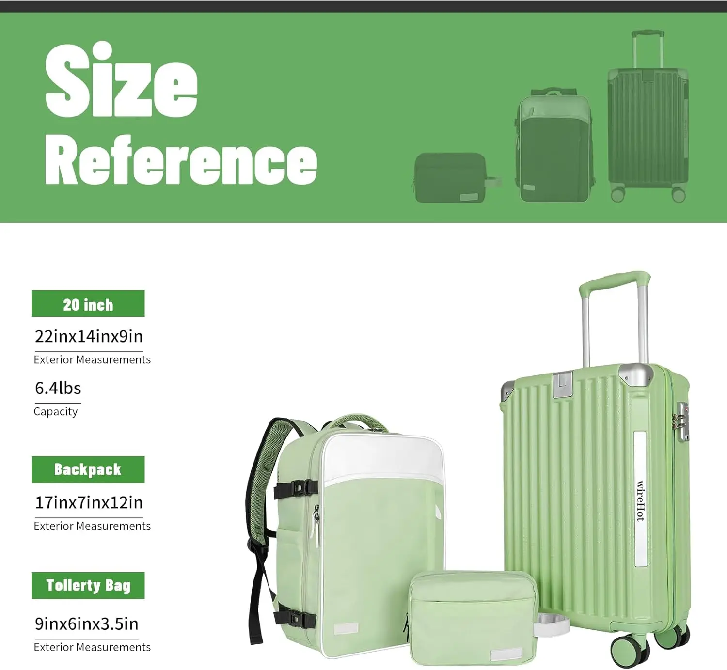 20인치 빈티지 캐리온 수하물 세트, ABS+PC 하드쉘, 백팩 및 태그, 아보카도 그린