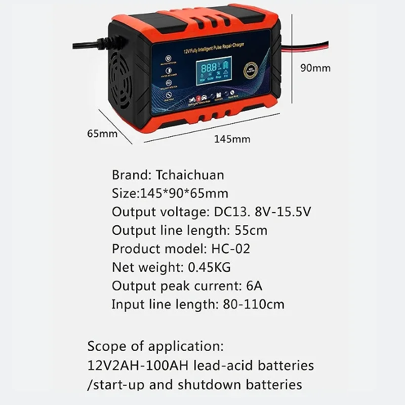 Carregador de bateria acidificado ao chumbo inteligente, reparo do pulso, exposição do LCD, bateria de carro, motocicleta, transfronteiriço, 12V, 6A