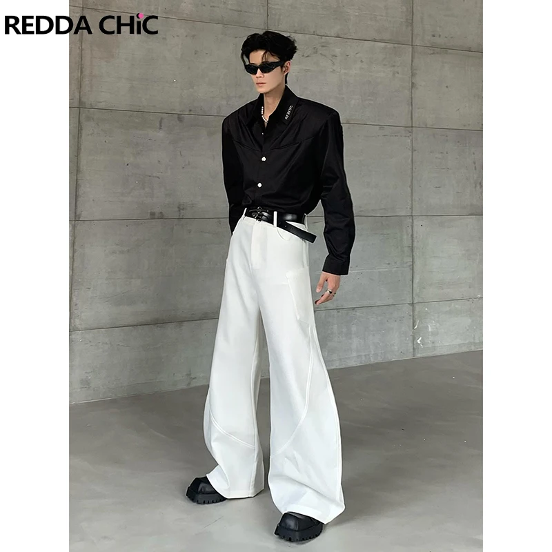 

ReddaChic Street Style Men's Cargo Pants Cleanfit White Seamed Barrel Wide Leg Multi-pocket Long Trousers Hip Hop Streetwear