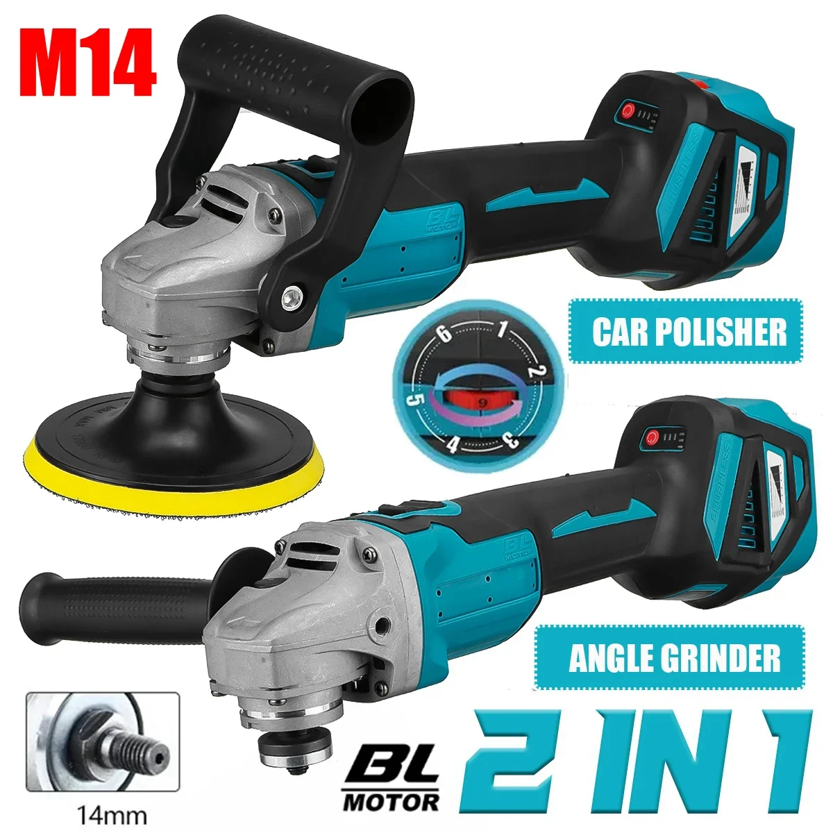 M14 Brushless Impact Angle Grinder Electric Polishing Machine 6 Gears Car Polisher Rechargeable Grinding for Makita 18V Battery