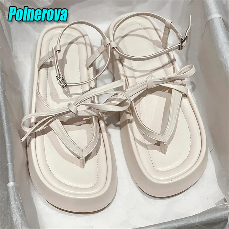 Weiße Gelbe Plateau-Sandalen für Damen mit Schleifenriemen und Zehenclip – Vielseitige Sommer-Strandschuhe