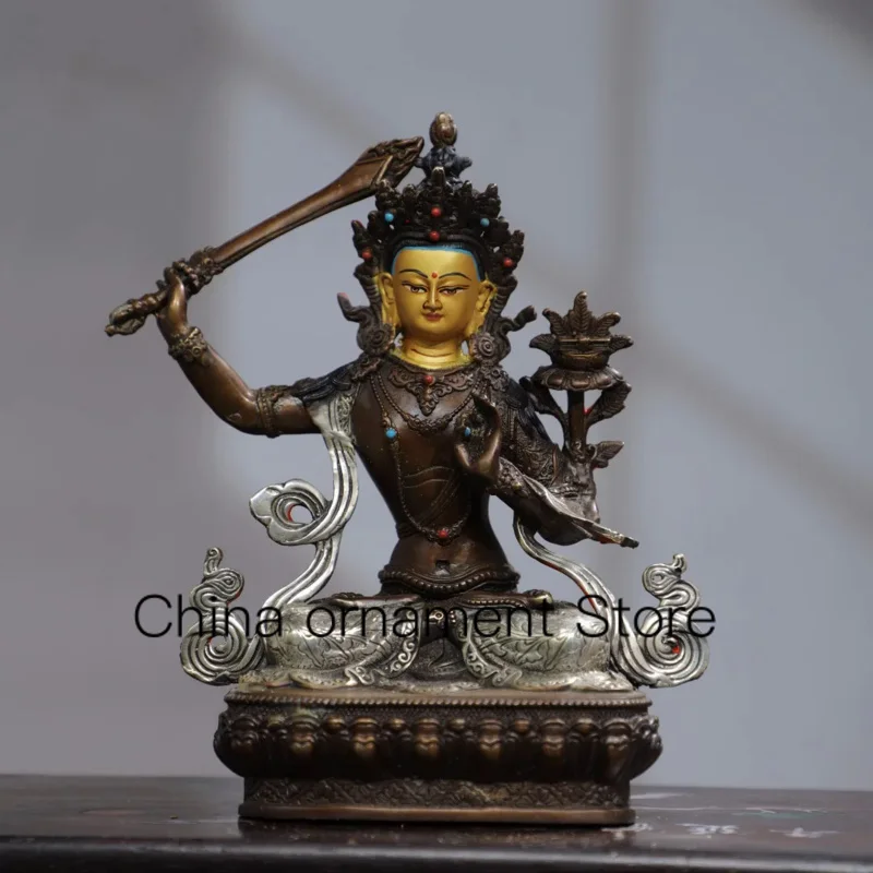 22cm Tibetan brass gilded gold and silver painted pure copper cinnabar sword wielding Manjusri Bodhisattva statue ornament