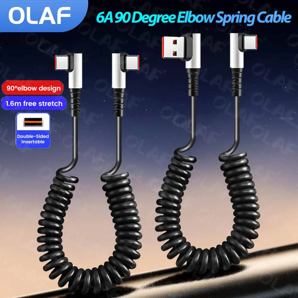 

1.6M Retractable 6A 90 Degree Elbow Spring Cable USB Type C To Type C Fast Charging Data Cable For iPhone Samsung Xiaomi Carplay