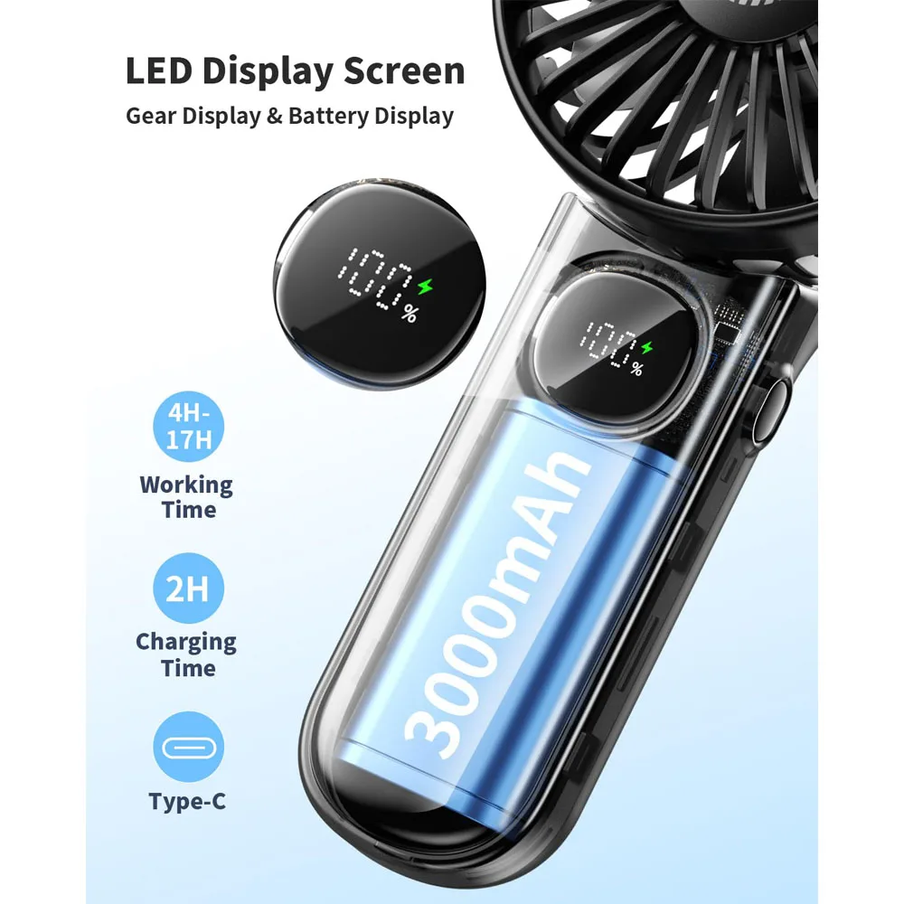 New Handheld 3 in 1 Fan 5 speed Adjustable Foldable Portable Fan with LED Display 3000mAh Battery Mini Hand Held Fan for Outdoor