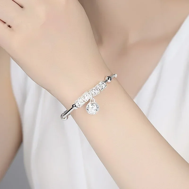 2026 Fashion Women Jewelry Gift Charm Artificial Stone Bangle Cuff Bracelet Ball Bell Pendants Sliver 925 Sterling Silver