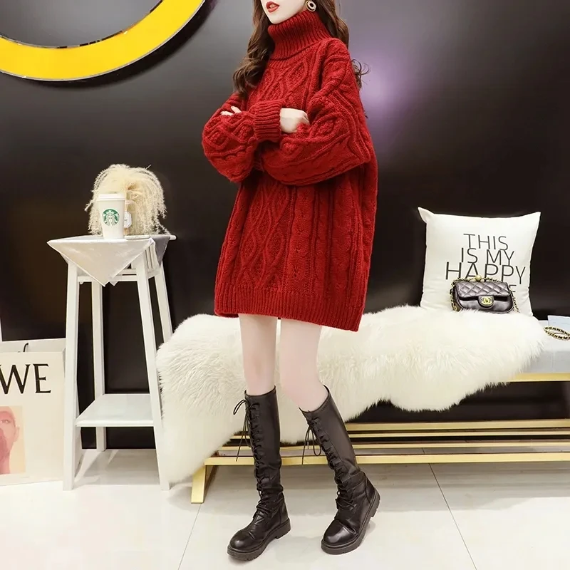 Red High Neck Sweater Women Thickened Mid length Autumn/Winter 2023 New Versatile Loose Thread Bottom Sweater Women Sweater tops