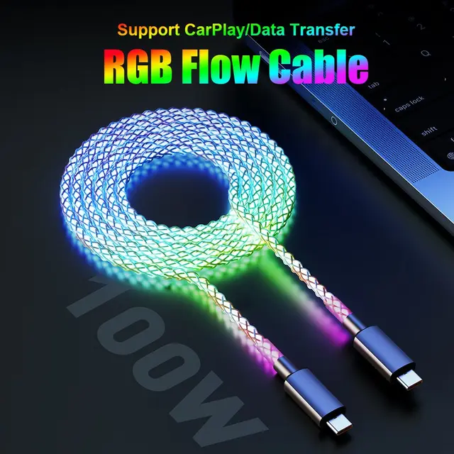 Kabel do szybkiego ładowania RGB 100W Światło oddechowe 66W Kabel USB typu C do iPhone Samsung Huawei 30W Szybkie ładowanie dla Xiaomi