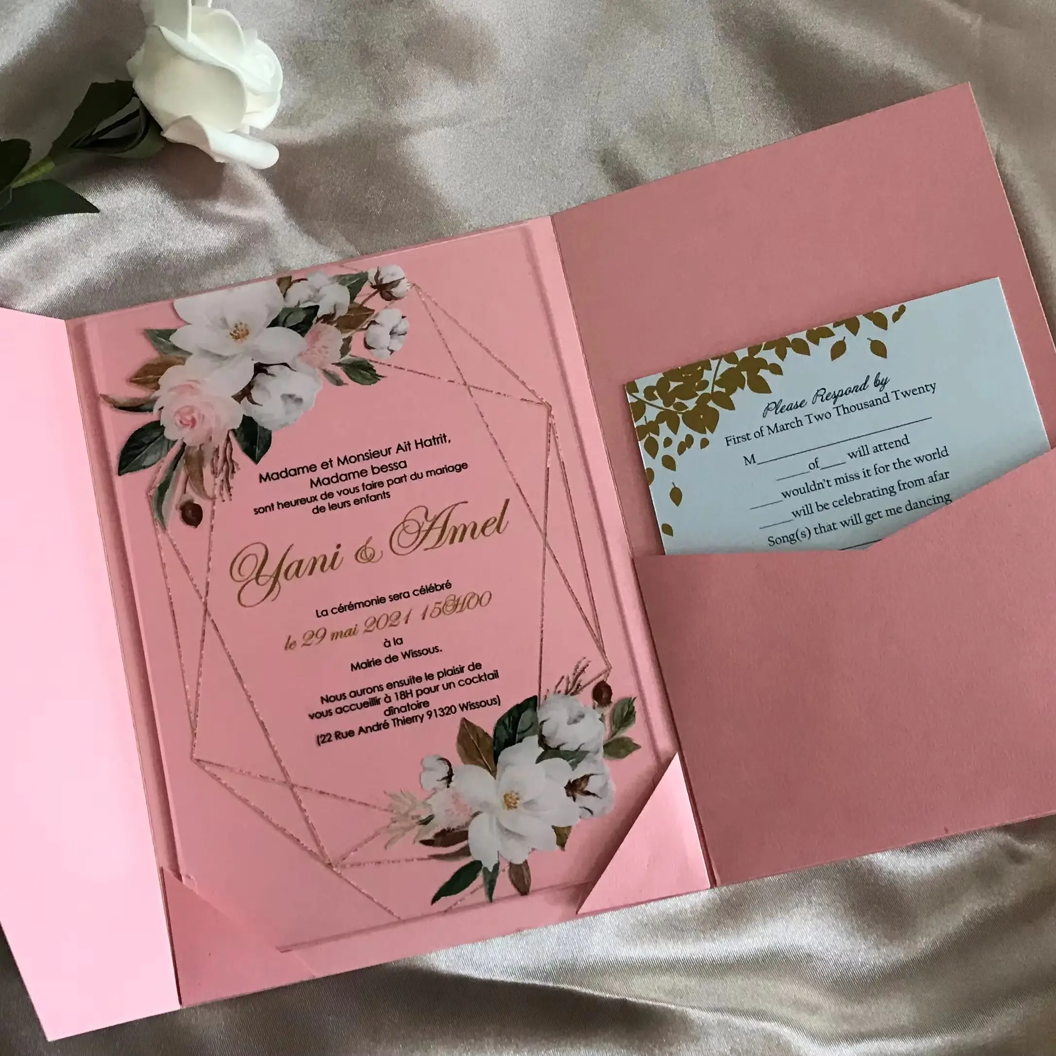 

Acrylic Quinceanera Invitation, First Baby Shower Invitation,Pocket Envelope Information Card,Peony,White Rose