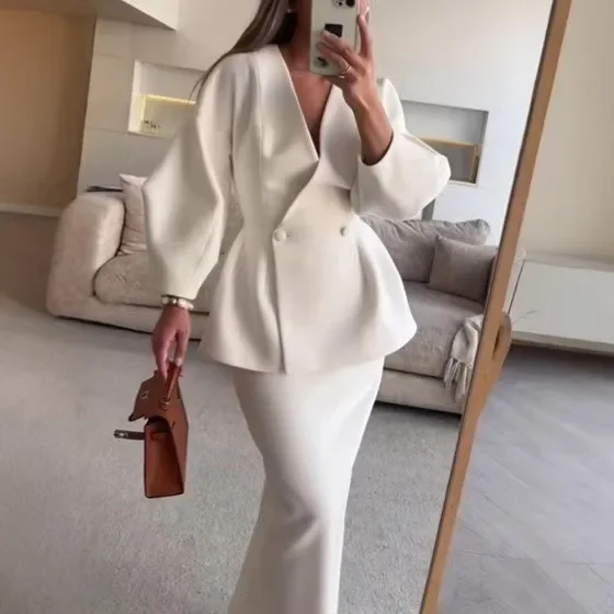 

Blazer Coat Skirt Set Women's Slim V-neck Long Lantern Sleeve Jacket Top Midi Skirts Suits Office Chic Outfits