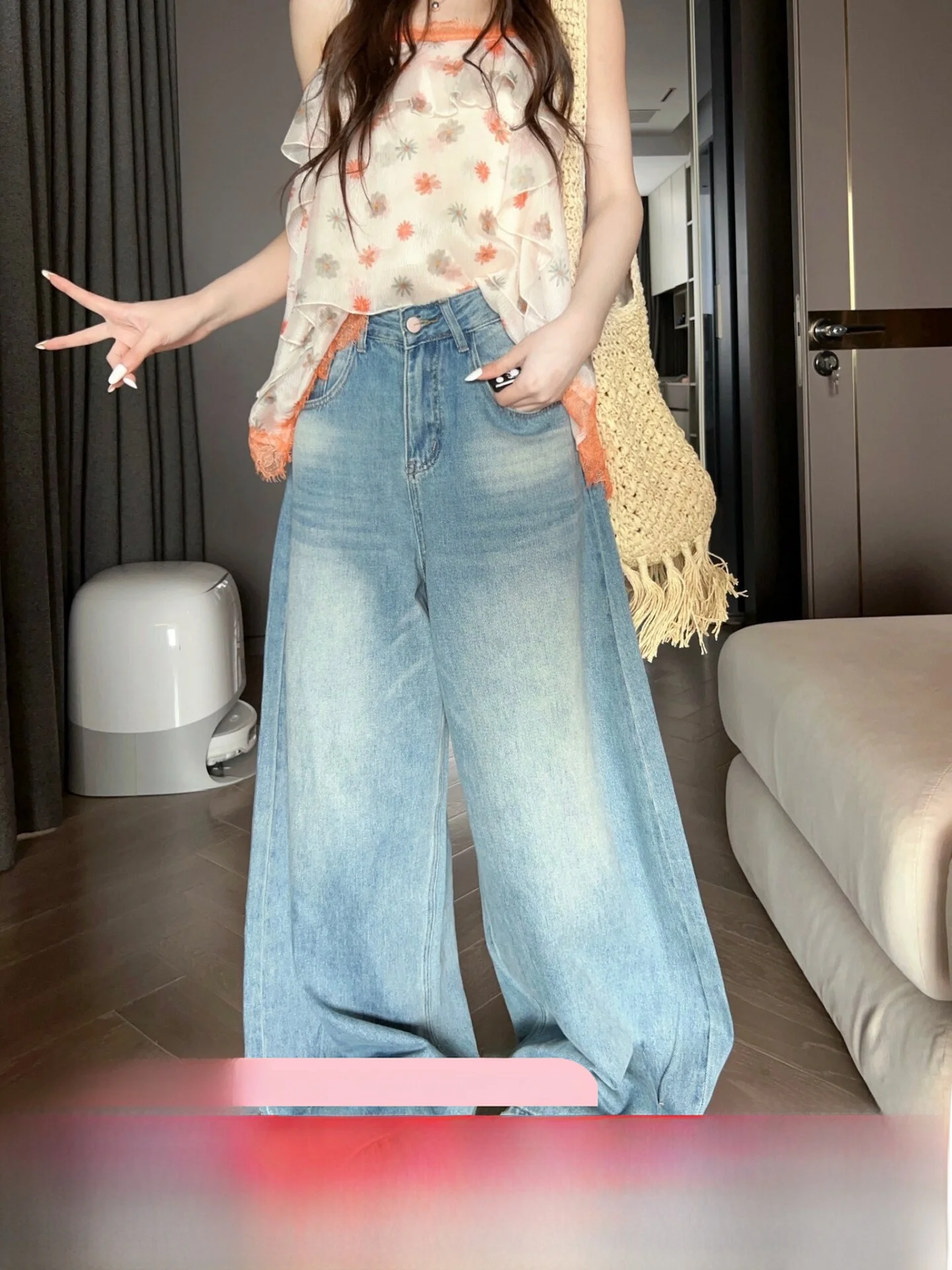 

Fashionable Versatile Women's Jeans Loose Casual High Waist Button Closure Medium Softness Denim Fabric Wide Leg Pants