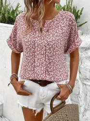 Floral Print Notched Neck Blouse Elegant Short Sleeve Blouse For Spring & Summer Women's Clothing