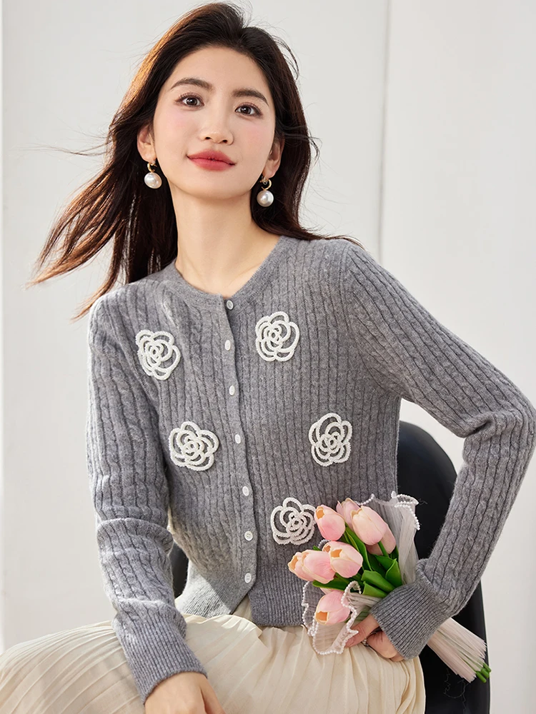 Casual Camellia Knitted Cardigan Autumn Fashion Loose Round Neck Sweater for Women Solid Color Long Sleeve Top