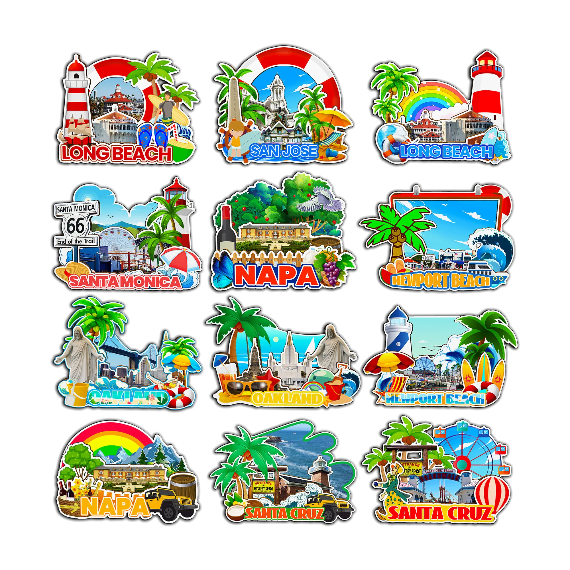 Ímãs decorativos para Santa Monica Napa San Jose Long Beach Oakland Santa Cruz Newport Beach Califórnia EUA Cidade Marcos