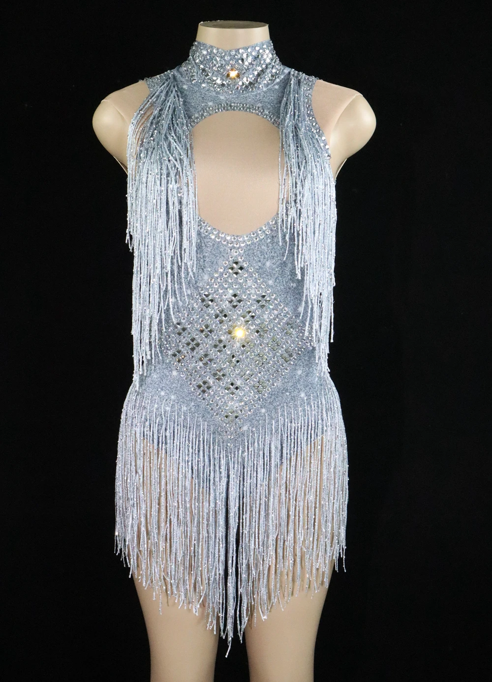 Leotard elástico com strass brilhantes e franjas, traje de dança, show de desempenho, traje do palco, bodysuit, roupa de festa, roupa dançarina cantora