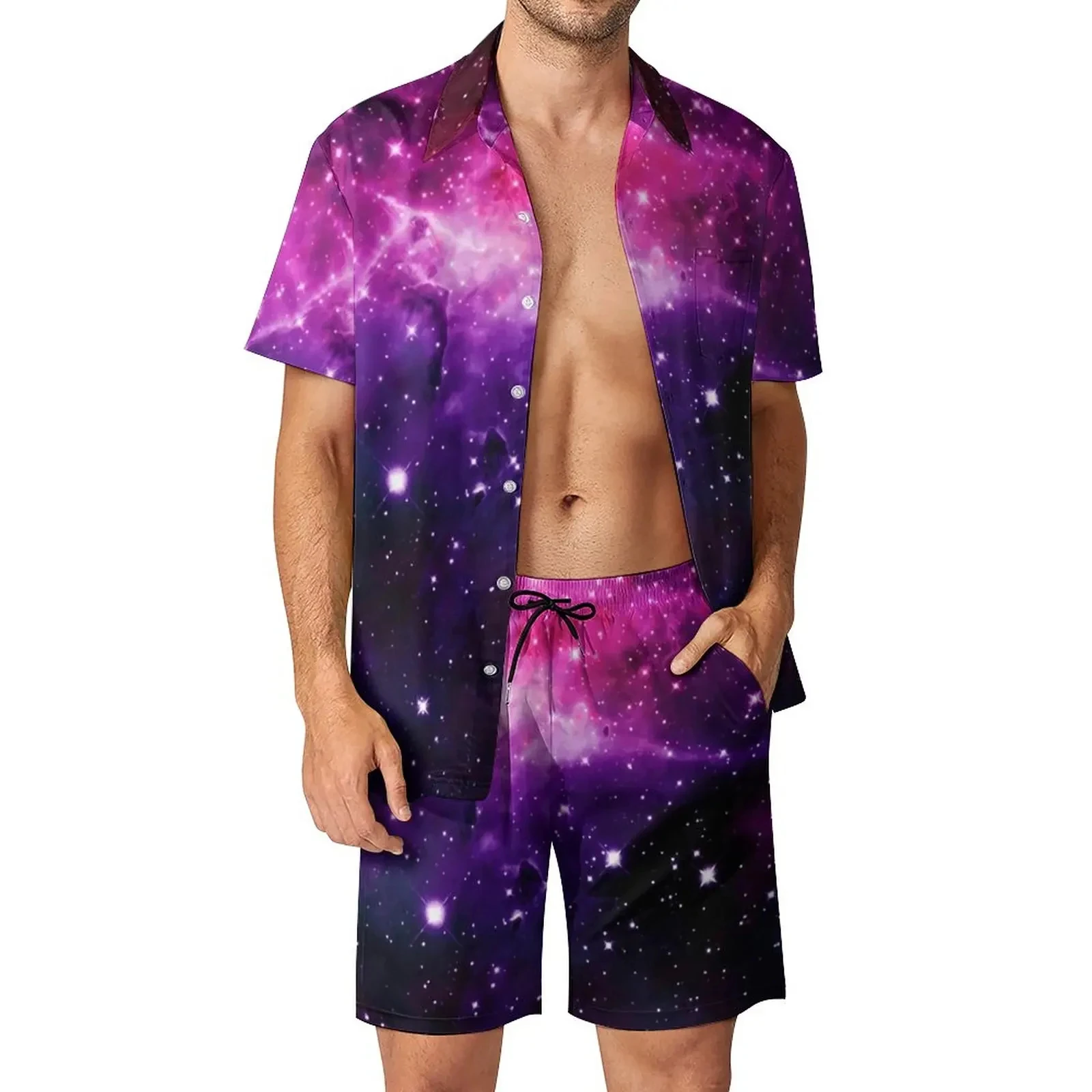 Hawaiian Streetwear Fashion Shirt 2Pcs Suit 3D Galaxy print Vintage Shirt Beach Shorts Oversized 2Pcs set Vacation Man Suits