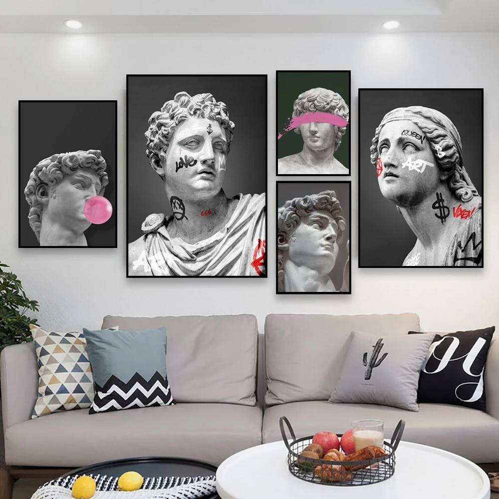 Modern Sculpture Poster Graffiti Art Prints Greek God Apollo David Canvas Painting Funny Wall Art Picture Gallery Home Decor