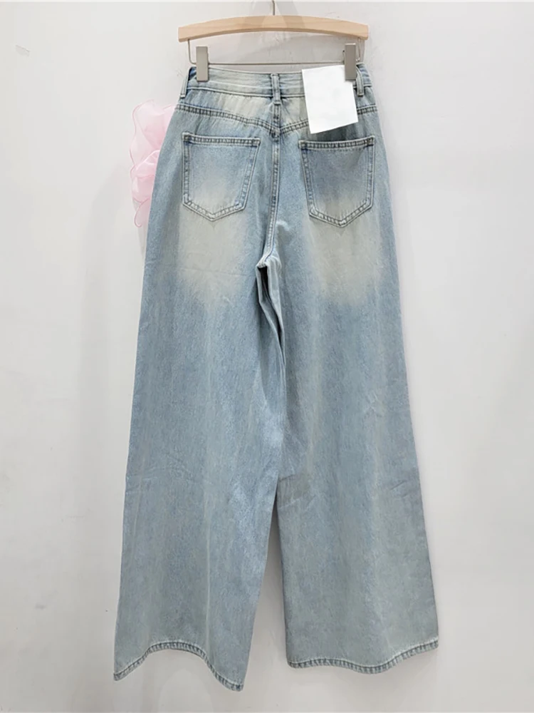 DEAT Women Jeans High Waist Wide Leg Loose Straight Big Mesh Pleated Flowers Design Denim Pants 2024 Summer New Fashion 29L7214