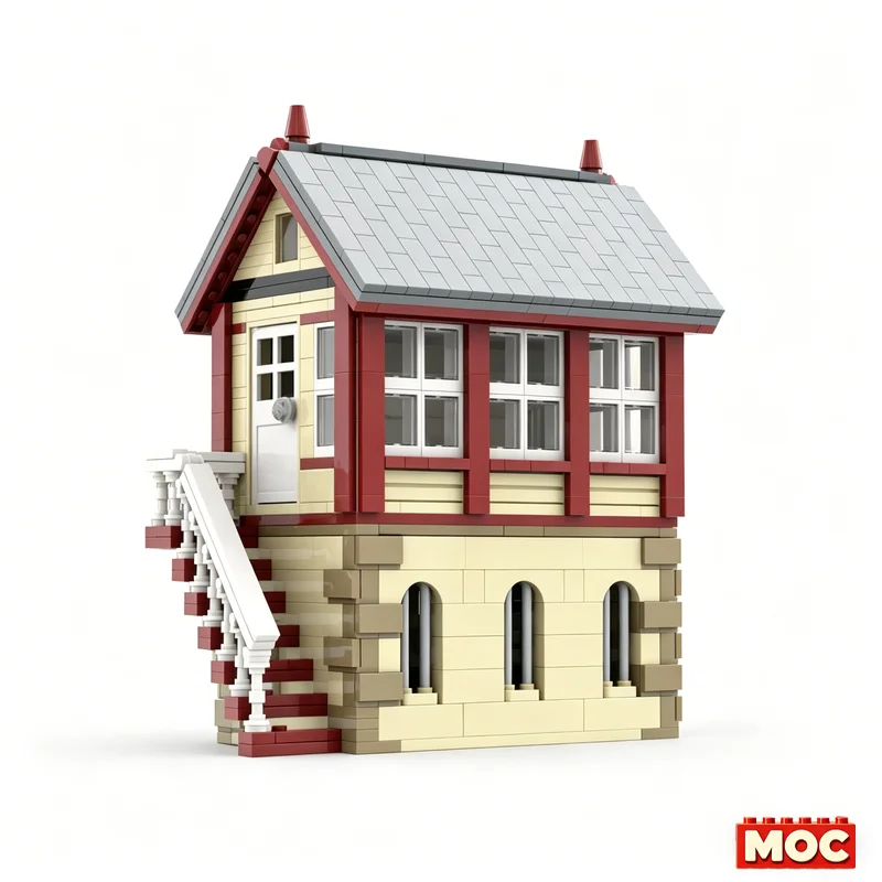 840Pcs British Railway Signal Box Dark Red Custom Building Blocks Train Layout Scene Model Educational Assembly Toy Collectors