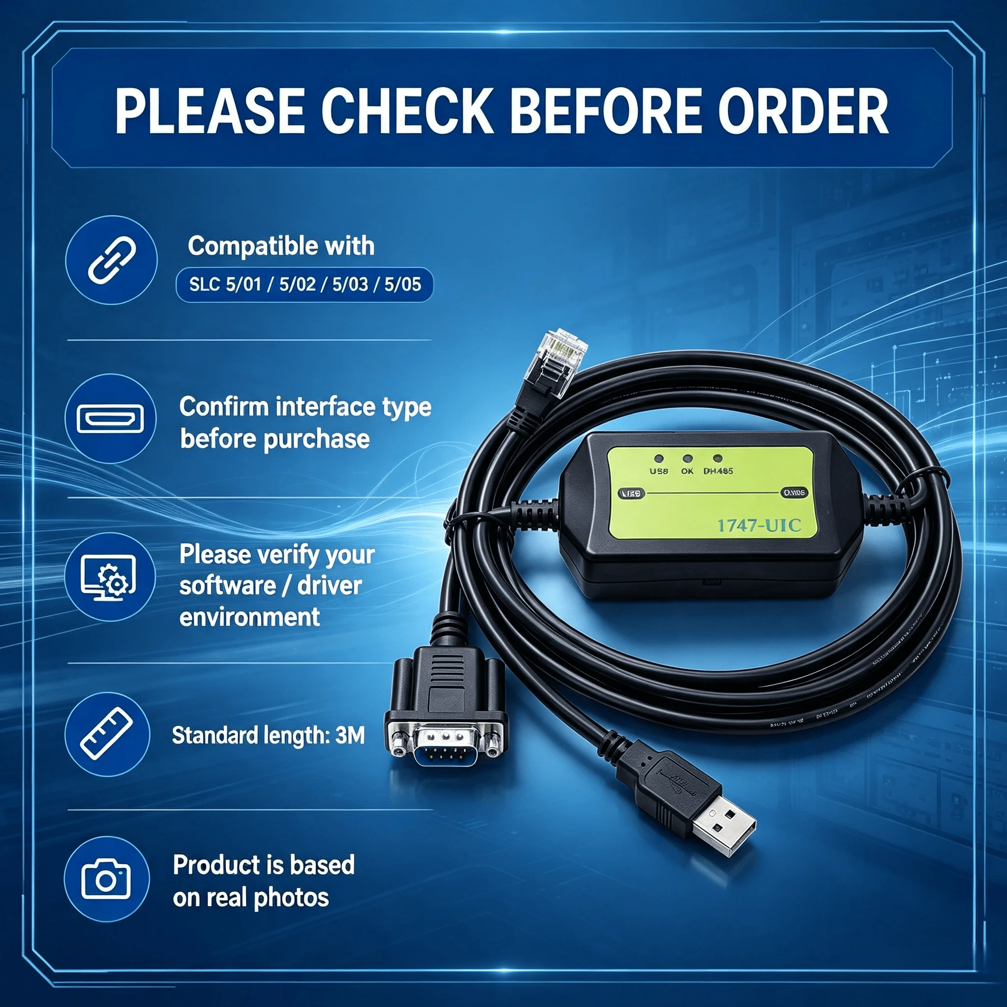 1747-UIC USB DH485 PLC Programming Download Cable for Allen Bradley SLC 5/01 5/02 5/03 5/05, 3M 12V Communication Adapter