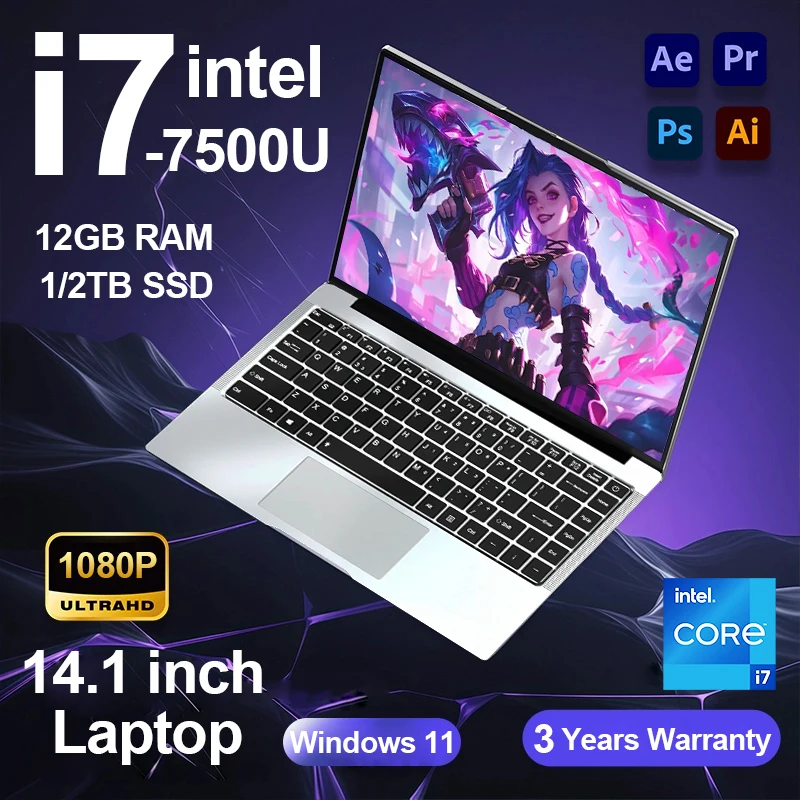 

14.1 Inch Intel Core i7 7500U Windows 11 1080P Laptop Computer PC 12GB DDR4 512GB 1TB SSD Portable Office Notebook Gaming laptop