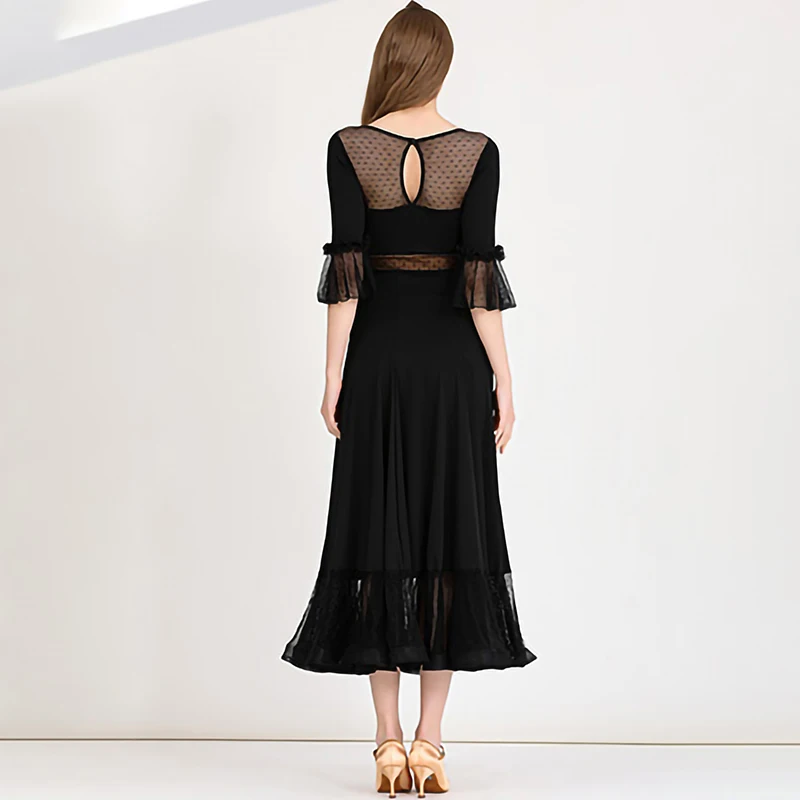 Ballroom Dance Ballroom Dance Dress Standard Wine Red Black Elegant Middle Sleeve Round Neck Competition Suit Waltz Stage Wear