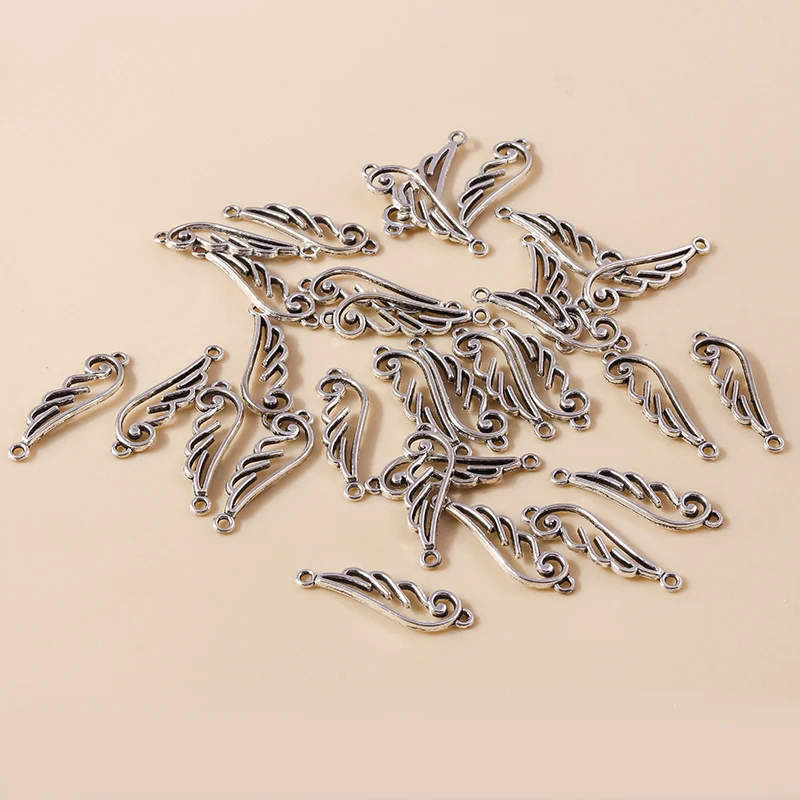 Leslie 30 Stück 32 x 9 mm Doppelloch-Silberfarben, kleine Legierung, Engelsflügel, Charms-Anhänger für DIY-Armbänder, Halsketten, Herstellung – Detail 1