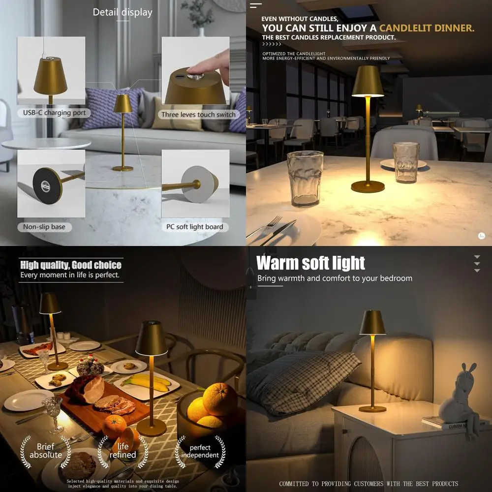 

Набор из 4 беспроводных настольных ламп - аккумулятор 5000 мАч, 3-уровневая регулировка яркости, светодиодный ночник, металлический бронзовый дизайн для дома и столовой