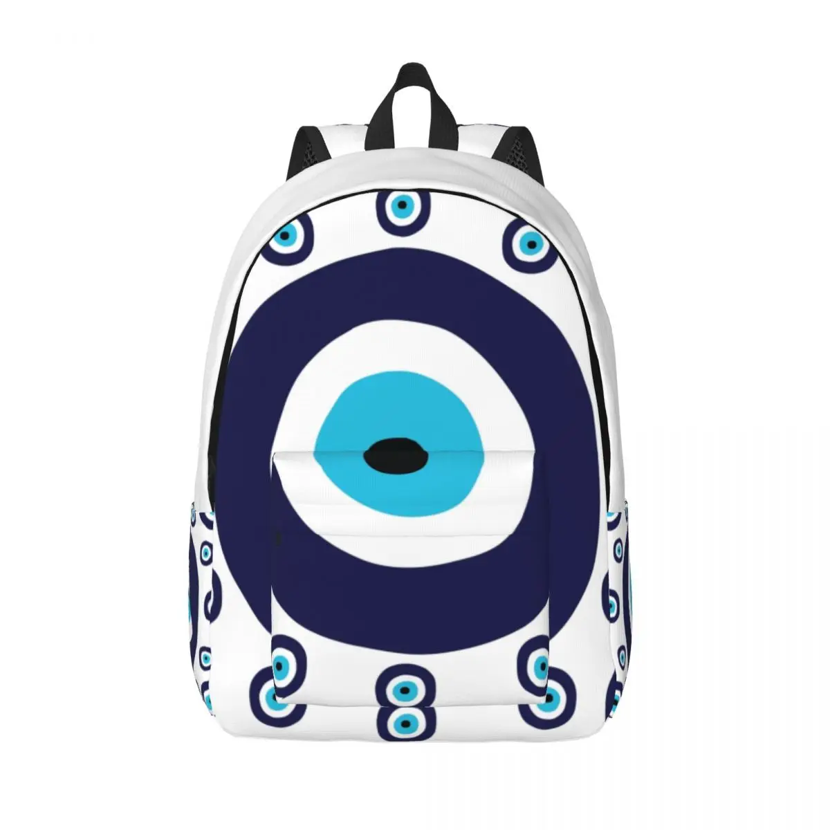 Navy Blue And Aqua Nazar Evil Eye Lucky Charm Pattern Canvas Backpack for Boys Amulet Boho College School Travel Bags Bookbag