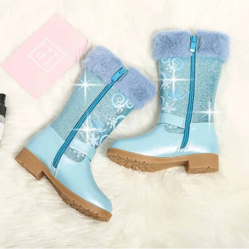 Disney leren meisjeslaarzen Winter Cartoon Frozen Laarzen Rits Hoge Pluche Prinses Elsa Laarzen Warme kinderlaarzen Maat 25-36