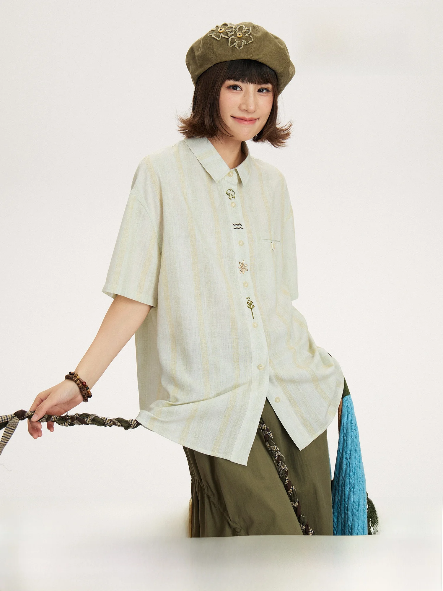 

Original Design Embroidered Texture Stripe ort Sve irt Summer Casual Loose Fit Polyester Women's Faion HOT