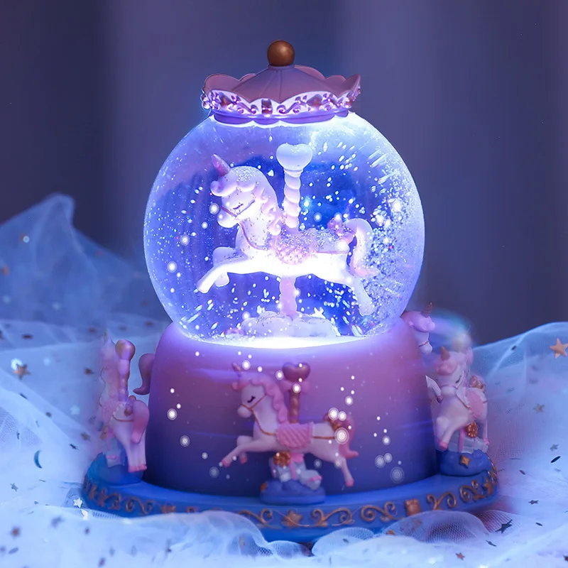 Carousel Music Box Crystal Ball Snow Music Box Glass Resin Home Decoration Creative Ornament Unicorn Boutique Gift