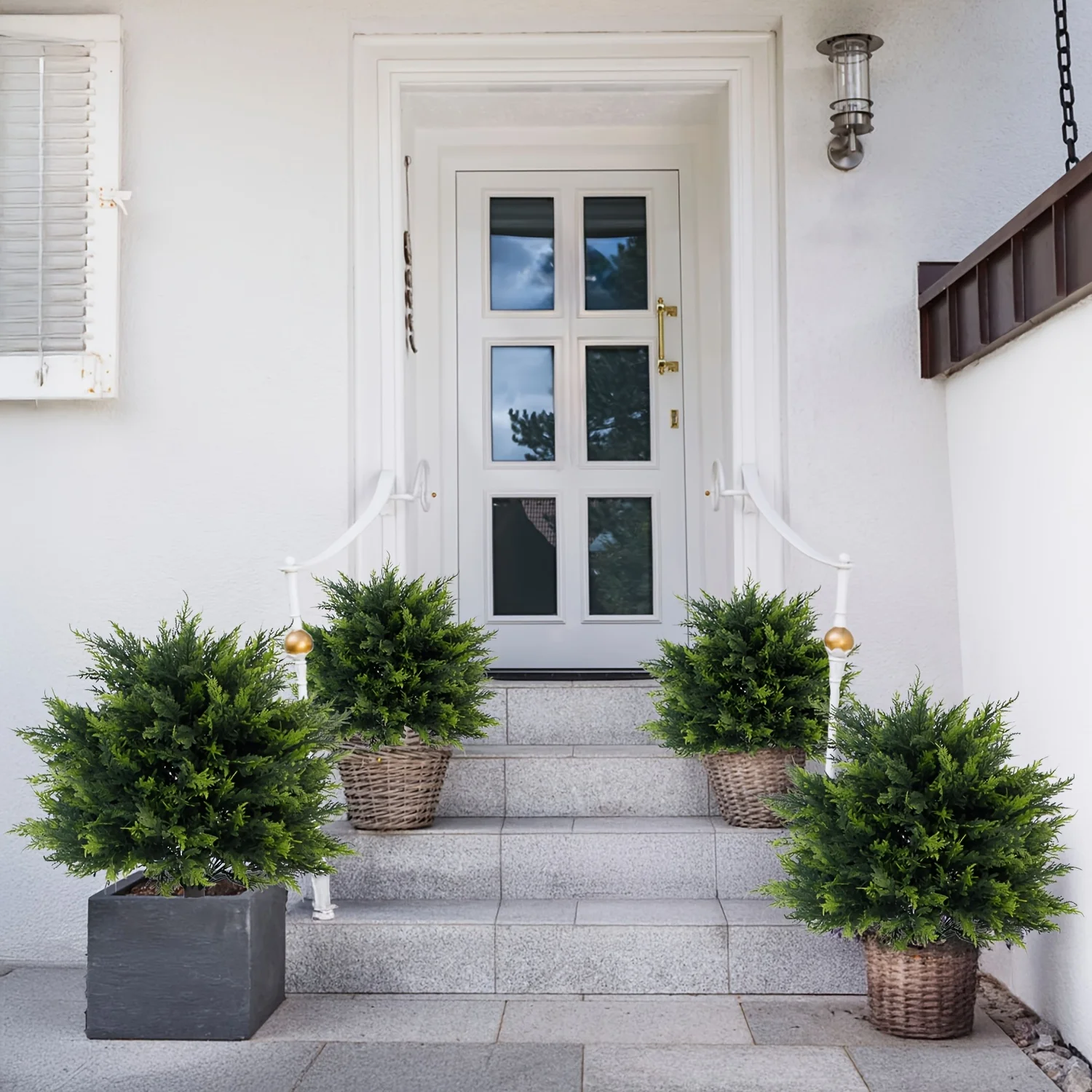 قطعتان من الخضرة الاصطناعية الخارجية - أشجار الصنوبر الكروية الكبيرة عالية الجودة مع أوتاد أرضية، لتزيين الحديقة الداخلية/الخارجية