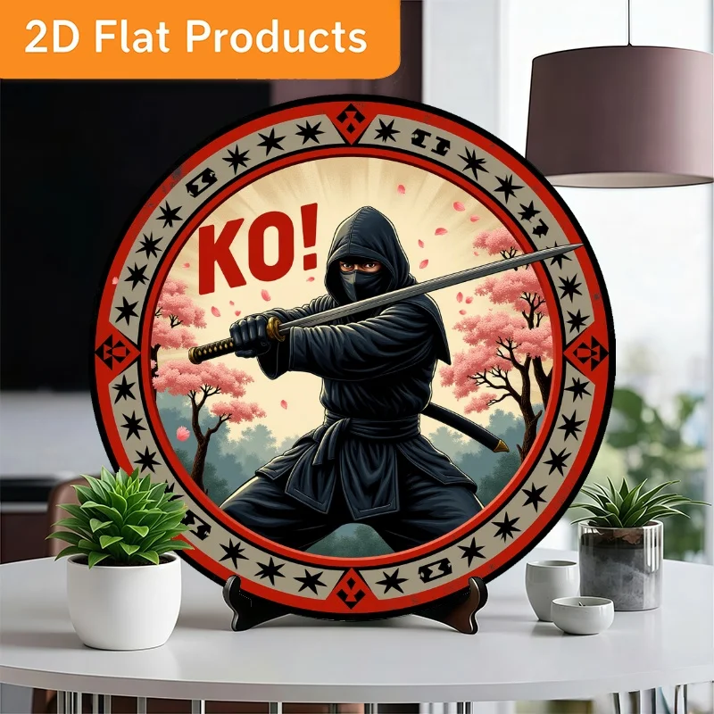 Ninja Holding Sword Wall Decor, Retro Metal Sign with Ninja Climbing Ladder, 2D Flat Round Hanging Ornament for Home Bar Cave Th