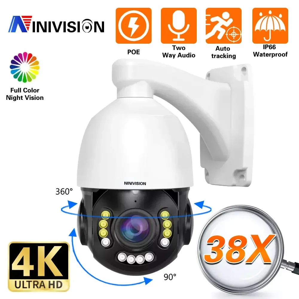 New 8MP 4K PTZ IP Camera POE Two-Way Audio Outdoor AI Human Tracking 38x Optical Zoom POE CCTV Color NightVision Security Camera